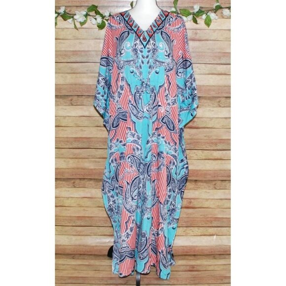 Riviera Sun Caftan Patio Dress Colorful Studded Size Free Plus Paisleys V-Neck - Picture 1 of 12